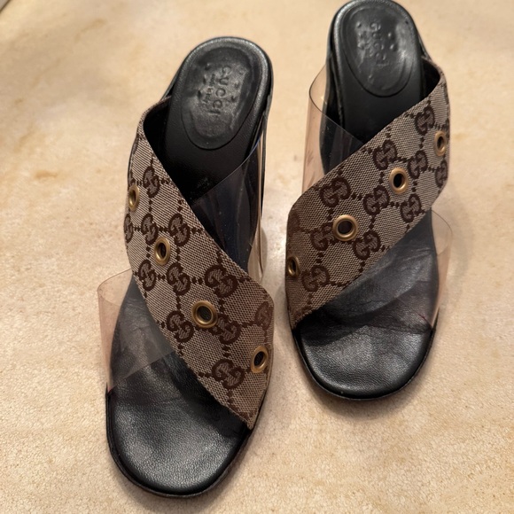 Gucci Shoes - Gucci Black and Brown Mules with Gold Accents